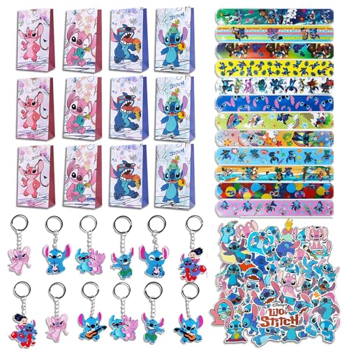 Clvsyh 86Pcs Lilo & st-itch Party Mitgebsel Set, 12 Silikon Armband + 12 Schlüsselanhänger + 12 Geschenktaschen + 50 Kinder Aufkleber, für Jungen Mädchen Party Zubehör Geschenke von Clvsyh