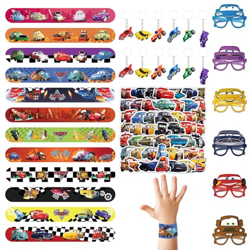 86Pcs Rennwagen Kindergeburtstag Party Mitgebsel, Rennauto Party Give Away, Slap Armbänder, Rennauto Papier Masken, Schlüsselanhänger Silikon,Cartoon Aufkleber,Kinder Party Geschenk Geburtstagsfeiern von Clvsyh