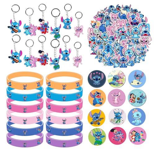 86Pcs St-itch Kindergeburtstag Party Mitgebsel Set, 12 Silikon Armband + 12 Abzeichen + 12 Schlüsselanhänger + 50 Kinder Aufkleber, Party Gastgeschenke für Jungen Mädchen Geburtstag Deko Partyzubehör von Clvsyh