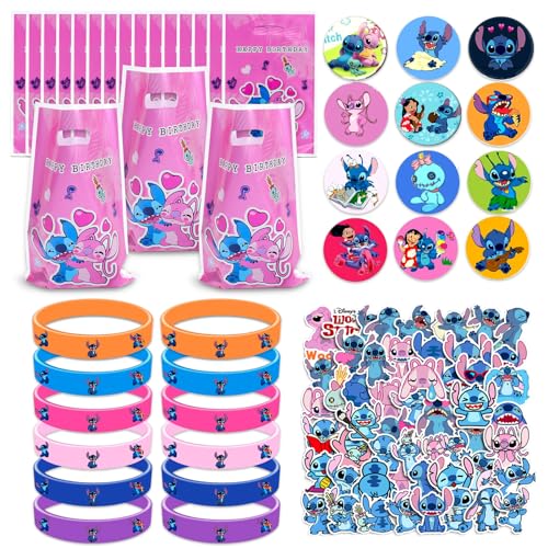 94Pcs Lilo St-itch Kindergeburtstag Party Mitgebsel, 20 Stitch Geschenktüten + 12 Silikon Armband + 12 Abzeichen + 50 Kinder Aufkleber, für Jungen Mädchen Party Gastgeschenk Geburtstags Partyzubehör von Clvsyh