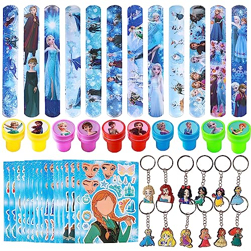 Clvsyh 50Pcs Kinder Geschenke Party Zubehör, Kinder Stempel, Slap Armbänder, Silikon Schlüsselanhänger, Cartoon Aufkleber, Prinzessin Geburtstag Party Geschenke für Jungen und Mädchen von Clvsyh