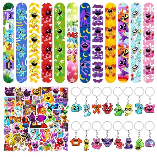 Clvsyh 78PCS Lächelnde Tiere Party Mitgebsel Kindergeburtstag Set, Mit LäChelnde Tiere Slap-Armbänder SüßE Lächeln-SchlüSselanhänger Aufkleber Für Jungen Mädchen Lächelnde Partygeschenke von Clvsyh