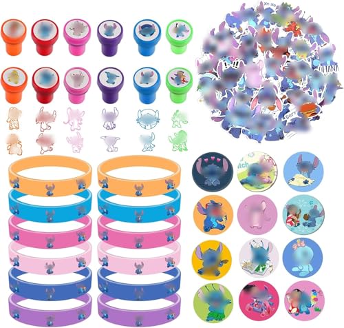 Clvsyh 86 Stück Stit-ch Party Geschenk, Stit-ch Mitgebsel Geburtstag, Anime Kinder Gastgeschenke, 12 Stempel Kinder 12 Silikon Armbänder 12 Stitch Abzeichen 50 Cartoon Aufkleber, Kinder Party Zubehör von Clvsyh