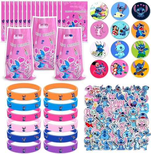 Clvsyh 94 Stück Kinder Geburtstag Mitgebsel, Stit-ch Geschenktüte, Silikon Armbänder Kinder, Cartoon Aufkleber, Anime Pin Button, Stitc Party Geschenk Geburtstag für Jungen Mädchen von Clvsyh