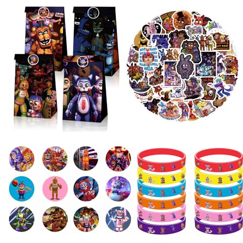 Fnaf Party Mitgebsel Set, 86 PCS Mitternacht Bär Kindergeburtstag Geschenke Silikonarmbänder, Anstecker, Geschenktüten, Aufkleber, Für Jungen Mädchen Beängstigend Theme Party Zubehör von Clvsyh