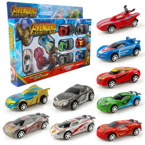 Clvsyh Mini Spider Auto Spielzeug, 9Pcs Superheld Rückziehauto Pull Back Autos, Mini Spielzeugauto für Kinder, Reibung Zurückziehen Cars Spielzeug Set, Spielzeugautos ab 3 Jahre, Geschenk für Kinder von Clvsyh