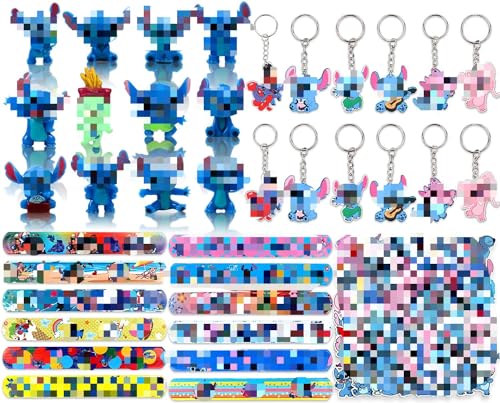 Clvsyh Stit-ch Party Mitgebsel, 50Pcs Cartoon Aufkleber + 12Pcs Schnapparmbänder + 12Pcs Mini Figuren Set + 12Pcs Cartoon Schlüsselanhänger, Stit-ch Party Geschenk für Mädchen Jungen von Clvsyh