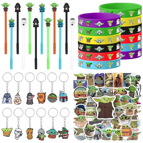 Clvsyh Yo-da Party Mitgebsel Set, 86 PCS Yo-da Cartoon-Thema Partygeschenke Mit Silikon Armbänder Aufkleber Anime Schlüsselbund Cartoon Gelstifte Für Mädchen Jungen Geburtstags von Clvsyh