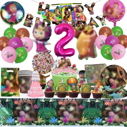 2 Jahren Mädchen und der Bär Gebutstag Geschirr,Mädchen und der Bär Geburtstag Dekoration Set,146pcs Mädchen und der Bär Geburtstag Party Set,Tischdecke,Banner und Servietten von Clybeaut