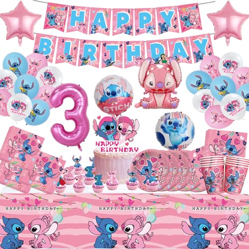 91 Stück Stiitch Geburtstag Deko 3 Jahre,Stiitch Partygeschirr Set,Stiitch Cartoon Luftballons,Stiitch Cake Topper,Kinder Party Deko,Kindergeburtstag Set für 10 Personen（Rosa) von Clybeaut