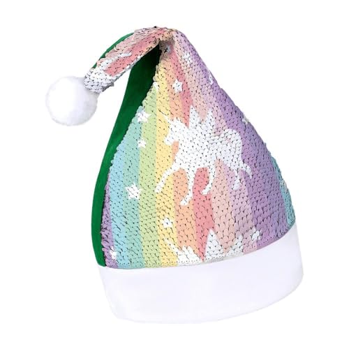 Cmagnifico Pailletten-Weihnachtsmütze für Erwachsene, Einhorn-Muster, Regenbogen-Hut für verschiedene Feiertagspartys von Cmagnifico