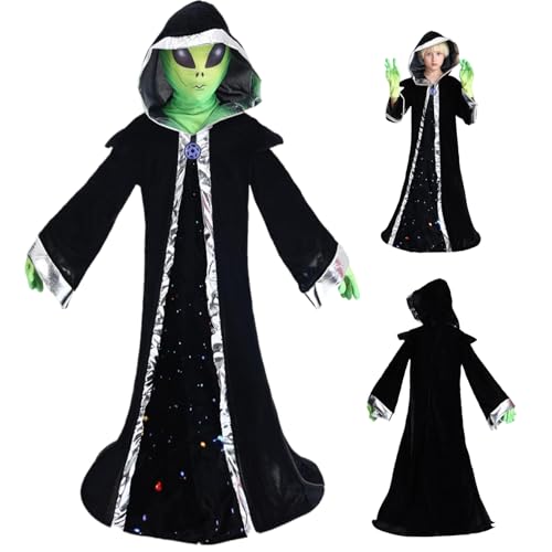 Alien Kostüm Kids Kids Halloween Alien Outfit beinhaltet Kapuze Alien Robe, Handschuhe ＆ Außerirdische Maske, Halloween-Kostüme für Kinder 7-9 Trep Play, Cosplay, Karneval ＆ Halloween Dekorationen m von Cndiyald