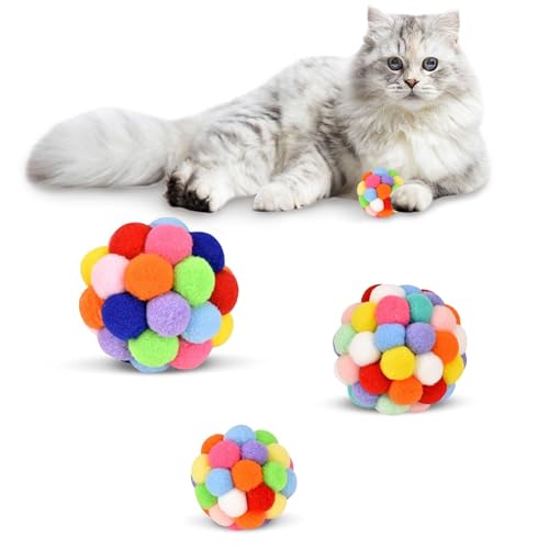 Cat Toy Ball, 3pcs farbenfrohe Katzenspielzeug, Katzenpom -Pom -Kugeln, interaktive Plüschkugeln Spielzeug, Haustierpom -Pom -Bälle zum Spielen von Cndiyald