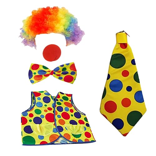 Circus Kostüm Halloween Clown Kostüm Set von 5 für Erwachsene Zirkuskostüm umfassen Red Clown Nase VES Perücke Bogen und Krawatten -Clown -Accessoires Carnival Kostüme für Halloween -Cosplay -Kostüme von Cndiyald