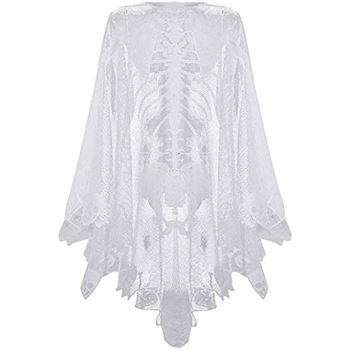 Cndiyald 1pc Halloween Skelett Poncho, Spitzenponcho für Frauenschädelknochen Halloween Poncho Halloween Kostümkap für Halloween -Skelettkostüm (Weiß, L) Skelett von Cndiyald