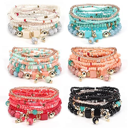 Cndiyald 6 Sets/48 PCs Boho -Armbänder für Frauen 8 Schichten stapelbare Armbänder Wrap Böhmianer Perlen Armbänder Bunte Schmuckarmbänder für Mädchen, Bohemian Armband von Cndiyald