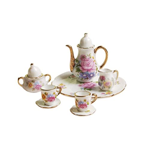 Cndiyald 8pcs 1:12 Miniatur Keramik Tee Tasse Set Porzellan Tee Set Blütendruck mit Goldener Trimmpuppenhausküche Accessoires, Porzellan Tee -Tasse Spielzeug von Cndiyald