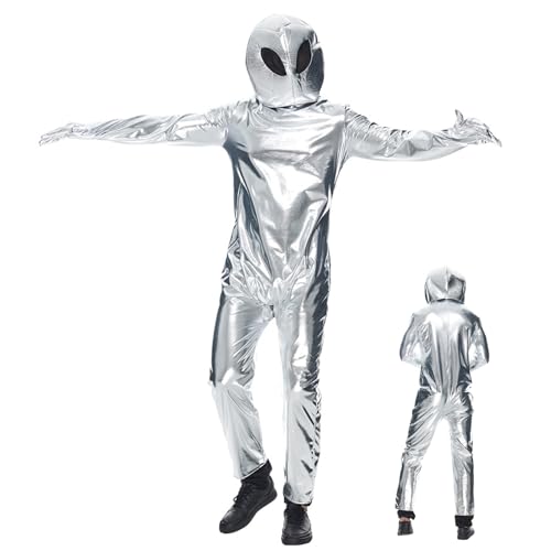 Cndiyald Alien Kostüm, Alien Kostüm mit Hut, Ganzkörper metallisch Unisex Alien -Strampler, Erwachsene Alien Kostüm, Halloween Kostüm L von Cndiyald