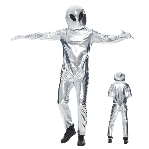 Cndiyald Alien Kostüm, Alien Kostüm mit Hut, Ganzkörper metallisch Unisex Alien -Strampler, Erwachsene Alien Kostüm, Halloween Kostüm m von Cndiyald