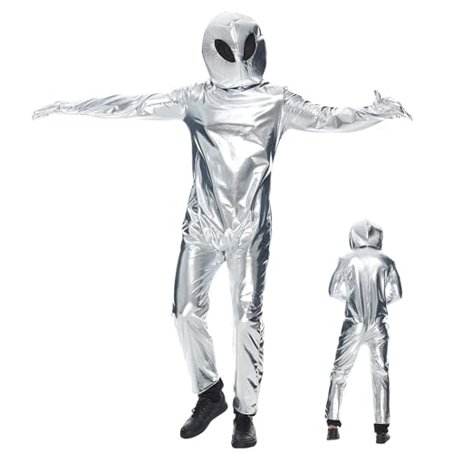 Cndiyald Alien Kostüm mit Hut Ganzkörper Metallic Unisex Alien Onesie für Erwachsene Kinder Lustige Polyester Außerirdische Kostüm für Halloween, Party, Bühnenperformance, XL, Alien Kostüm Kinder von Cndiyald