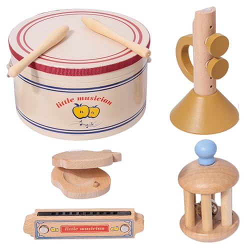 Cndiyald Baby -Musikinstrumente 5pcs/Set Educational Hölzer Kleinkind -Musikinstrumente umfassen Trommel, Rassel, Trompete, Mundharmonika & Castanets, Musikspielzeug, Babyinstrumente von Cndiyald