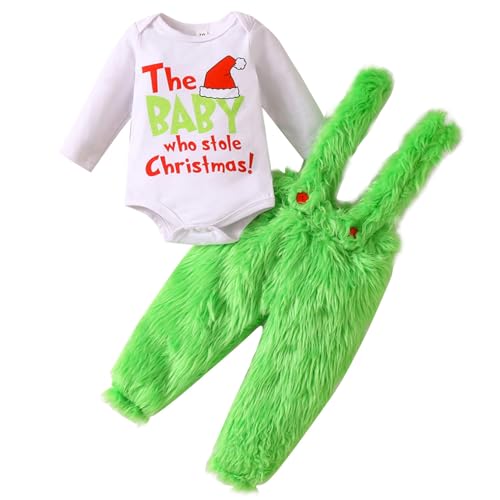 Cndiyald Baby Weihnachten Strampler Baby Weihnachts-Outfit für Jungen Mädchen 2pcs/Set süße Babykleidung Langarmer Strampler Bodysuit und grüne pelzige Hosenträgerhosen für Baby Baby 3- von Cndiyald