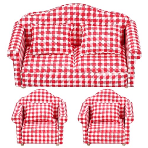 Cndiyald Dollhouse Couch mit Kissen 3PCS Mini Dollhouse Sofa 1 12 Skala Dollhouse Möbel und Accessoires Spielzeug für Dollhouse Wohnzimmer Armstühle rote Plaid Stil von Cndiyald