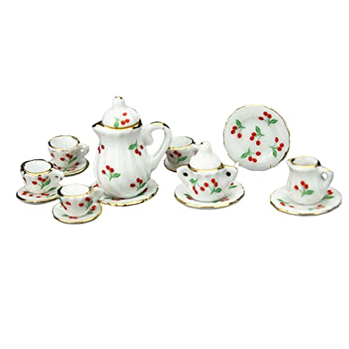 Cndiyald Dollhouse Miniature Tee -Set Porzellan Tasse Pot Teller Blumenkirschdruck 1:12 Zubehör Esswaren 15pcs Haushaltsgeschirr Geschirr von Cndiyald