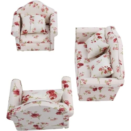 Cndiyald Dollhouse -Sofa, 1/12 Skala Dollhouse Accessoires Blumenmuster Mini Möbelsofa Set mit Rückenkissen von Cndiyald