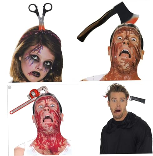 Cndiyald Halloween Kostüm gruselige Stirnbänder, 4 Packungen Gummi -Plastikschneider Axt Cleaver und Schere durch Kopf, Make -up für Teenager Erwachsene Freigabe Geschenke All Saints Day Deco von Cndiyald