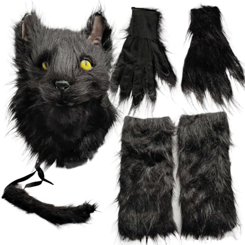 Cndiyald Halloween schwarzer Katzenkostüm für Erwachsene Frauen mit pelziger Katzenmaske, Katzenpfotenhandschuhe, Fuchs Wolf pelzige Kostüm, Therian Maske von Cndiyald