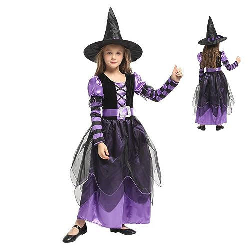 Cndiyald Hexenkostüm für Mädchen Hexkostüm mit Hut und Gürtel Kids Hexen Halloween Kostüm Komfortable Witch Kleider Mädchen für Halloween Kostüm Girls Cosplay Bühnenaufführung Kostüm m von Cndiyald