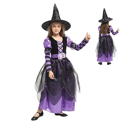 Cndiyald Hexenkostüm für Mädchen Hexkostüm mit Hut und Gürtel Kinder Hexen Halloween Kostüm komfortable Hexenkleider Mädchen für Halloween Kostüm Girls Cosplay Bühnenaufführung Kostüm XL von Cndiyald