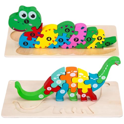 Cndiyald Hölzerne Puzzles, 2pcs Holzrätsel für Kleinkinder, lustige Kleinkind -Rätsel, Dinosaurierpuzzle für Kinder, Montessori Kinderspielzeug von Cndiyald