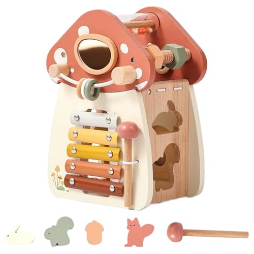 Cndiyald Holzaktivität Würfel Babyspielzeug, 5 in 1 Holz Babyspielzeug, Holzmotor -Fähigkeit, Montessori Pilzspielzeug für Kinder, Form Sorter Aktivität Würfel von Cndiyald