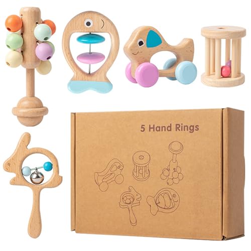 Cndiyald Holzbaby Rassel, Baby Rassel -Kinderspielzeug 5pcs/Set, Babymusik rasseln Shaker, rasselt die Zähler für Babys, Holzbabyspielzeug von Cndiyald