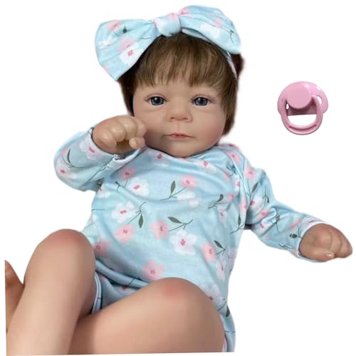 Cndiyald Lebensechte Babypuppe Reborn Dolls Mädchen, 18 Zoll blaue Augen lebensechte Babypuppe, weiche Körperrealistische Babypuppe mit Kleidung, Schnuller, Hairband Geburtstag Kinder A von Cndiyald