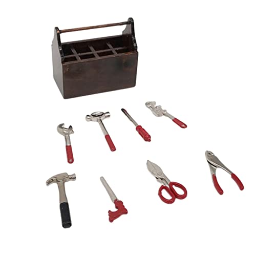 Cndiyald Mini Dollhouse Tool Box Miniatur -Werkzeugkasten Holz Mini Dollhouse Tool Container mit 8 Metallwerkzeugen von Cndiyald