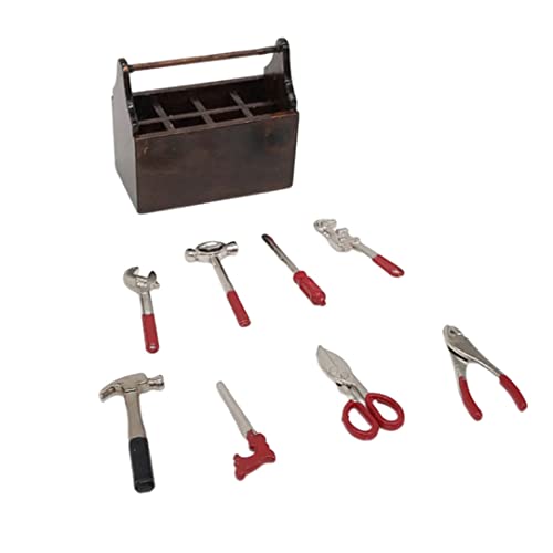Cndiyald Miniatur -Werkzeugkasten Holz Mini Dollhouse Tool Container mit 8 Metallwerkzeugen Requisiten von Cndiyald