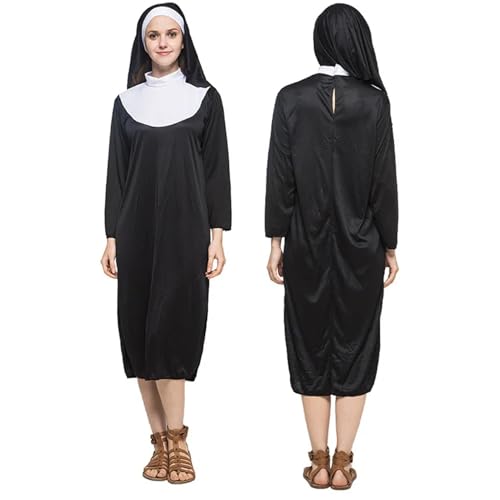 Cndiyald Nonne Kostüme für Frauen Nonne Outfit mit Kopfstücke und Gold Cross Religiöser Damenkleid Kostüme für Halloween Party Cosplay Supplies, L, Nonne Kostüme für Frauen von Cndiyald