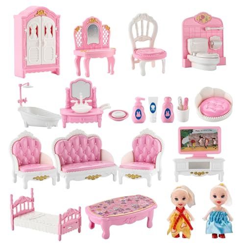 Cndiyald Puppenhausmöbel 3 Set Schlafzimmer, Badezimmer und Wohnzimmer Dollhouse Möbel mit 2 Dollhouse Dolls Dollhouse Miniaturen, Puppenhaus Badezimmer Set von Cndiyald