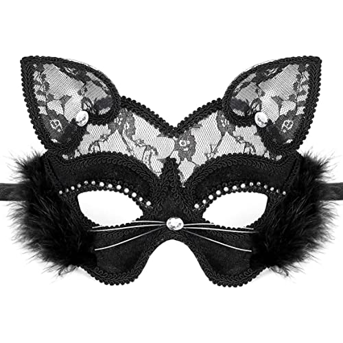 Cndiyald Schwarze Katzenspitzenmaske Venetische Maskerade Maske Luxus Black Cat Lace Maske für Kostüm Weihnachten Halloween Kostümparty Mädchen Frauen Frauen von Cndiyald