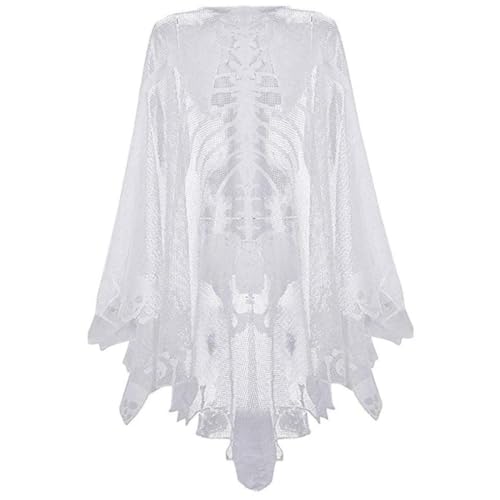 Cndiyald Skelettkostüm 1PC Halloween Skelett Poncho, Spitzenponcho für Frauenschädelknochen Halloween Poncho Halloween Kostümkap für Halloween Skeleton Kostüm (weiß, L) von Cndiyald