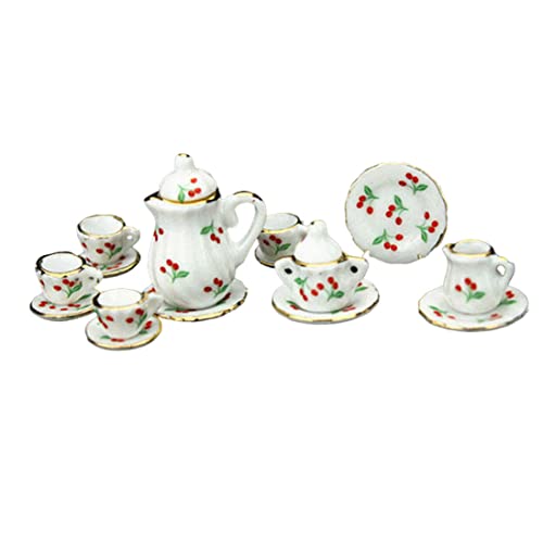 Cndiyald Tee Tasse Set Dollhouse Miniatur Tee Set Porzellan Tasse Pot Teller Blumenkirschdruck 1:12 Zubehör Esswaren 15pcs von Cndiyald