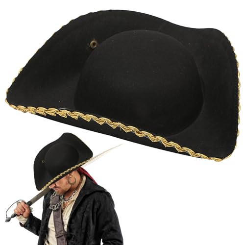 Cndiyald Tricorn Hat Faux Leder Halloween Piratenhut Unisex mit sicherem Knopf, der Colonial Hut für Erwachsene trägt, Kids Revolutionary War Kostümgeschenk (schwarz mit goldener Kante) von Cndiyald