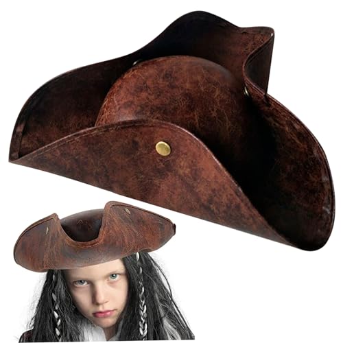 Cndiyald Tricorn Hat Faux Leder Halloween Piratenhut Unisex mit sicherem Knopf, der Colonial Hut für Erwachsene trägt, Kinder Revolutionär Krieg Kostümgeschenk (braun) von Cndiyald