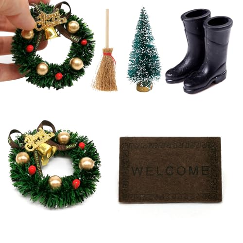 Cndiyald Weihnachtsminiatur -Ornamente Kit Weihnachtspuppenhaus Accessoires 5pcs/Set Weihnachten Miniatur -Ornamente Kit mit Mini -Girlande, Besen, Stiefel, Türmatte und Weihnachtsbaum für Miniatur von Cndiyald