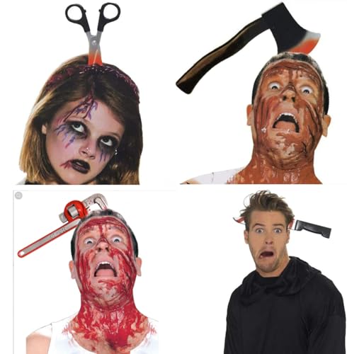 Cndiyald Zombiezubehör Halloween Kostüm gruselige Stirnbänder, 4 Packungen Gummi -Kunststoffschneider Axt Cleaver und Schere durch Kopf, Zombie -Accessoires Make -up für Jugendliche Männer Frauen Er von Cndiyald