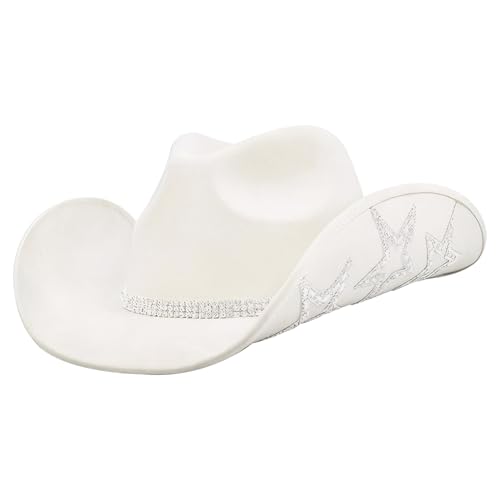 Cowgirl Hut Western Strass Cowgirl Hat Wide Rand Free Größe Cow Girl Hut Solid Farbe Cowboy Hut für Party Farm Disco, Weiß, Cowgirl -Hüte von Cndiyald