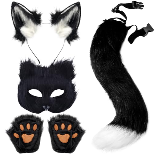 Furry Kostüm Fox Kostüm 4pcs/ Set White Black Cosplay Halloween Pelz Kostüm Rollenspiel Purry Wolf Kostüm Cosplay für Erwachsene, Kinder, Männer und Frauen Kostümzubehör von Cndiyald